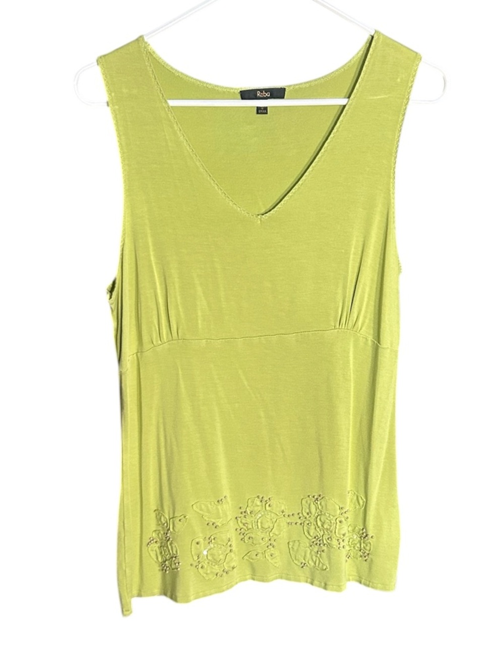 Reba Lime Green V-Neck Sleeveless Tank with floral beaded and sequined hem